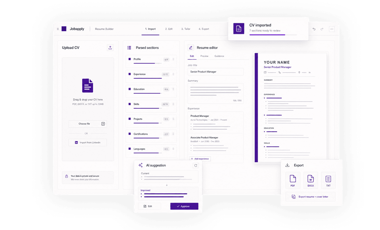 Jobapply upload, edit, AI review, and export workflow