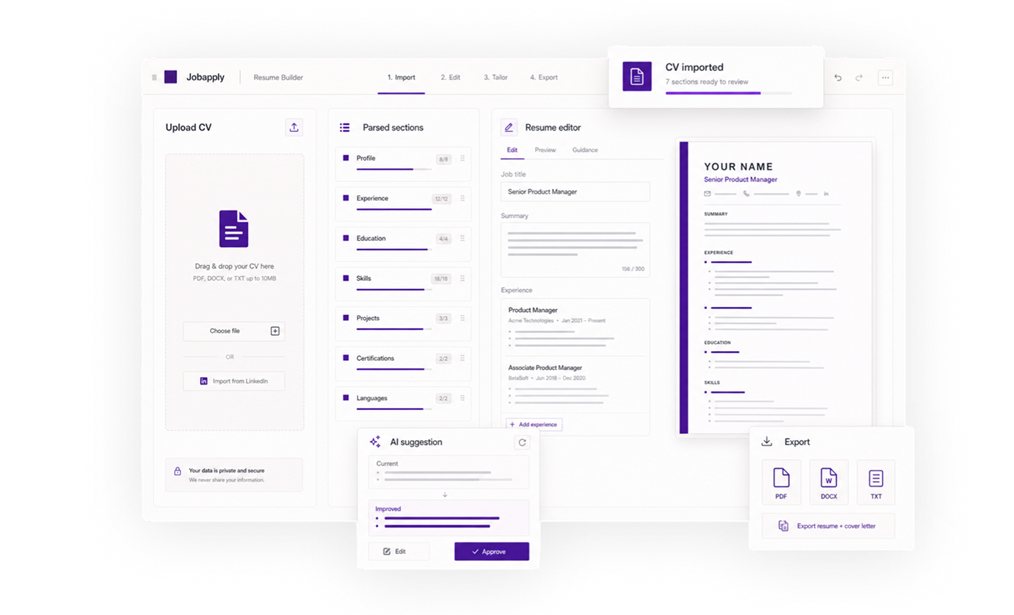 Jobapply upload, edit, AI review, and export workflow